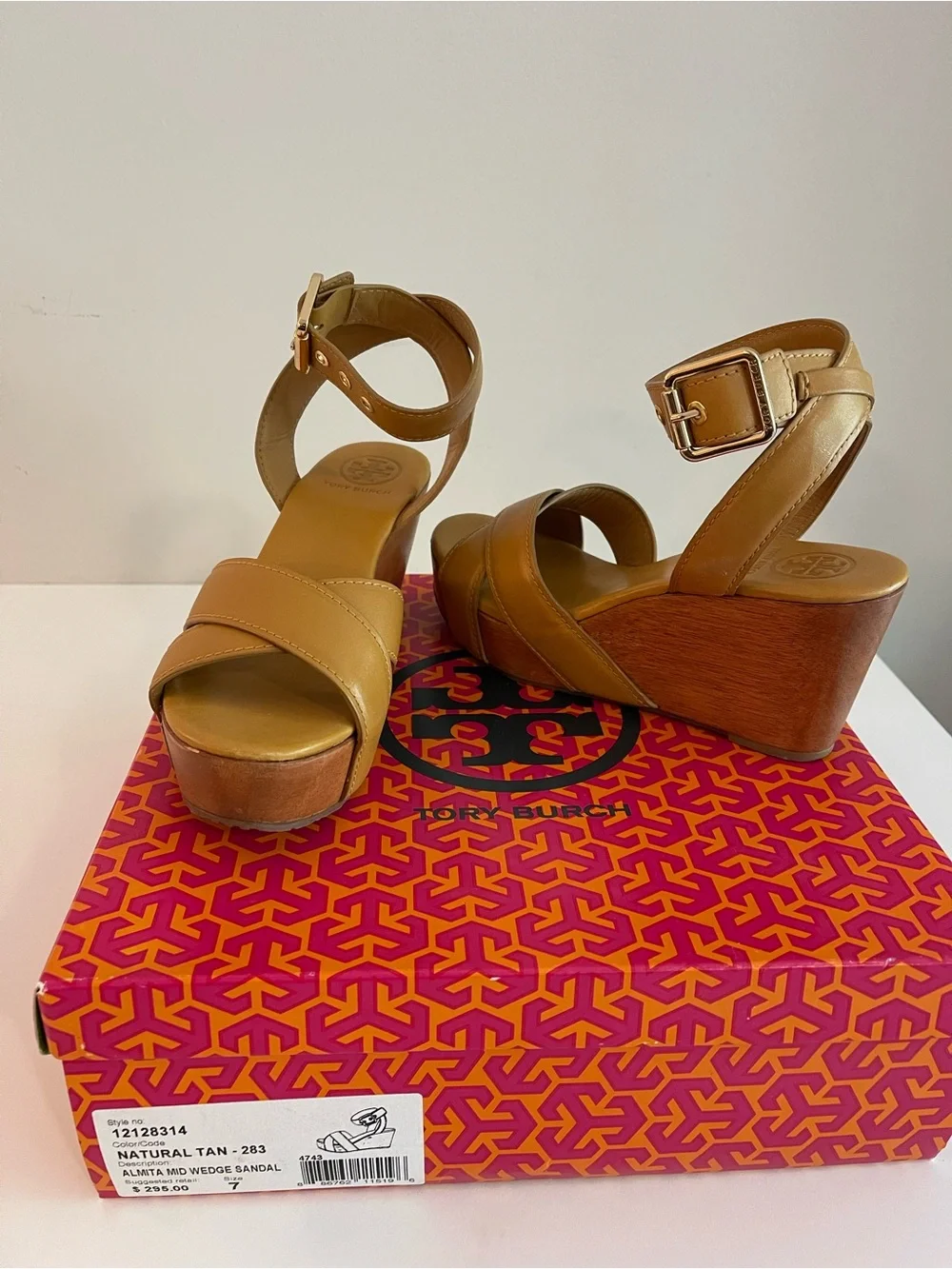 Tory Burch Tan Leather Platform Ankle-Strap Wedges